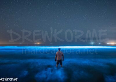 Persona frente a un intenso mar de ardora en la playa de Carnota bajo el cielo estrellado en la Costa da Morte, Galicia
