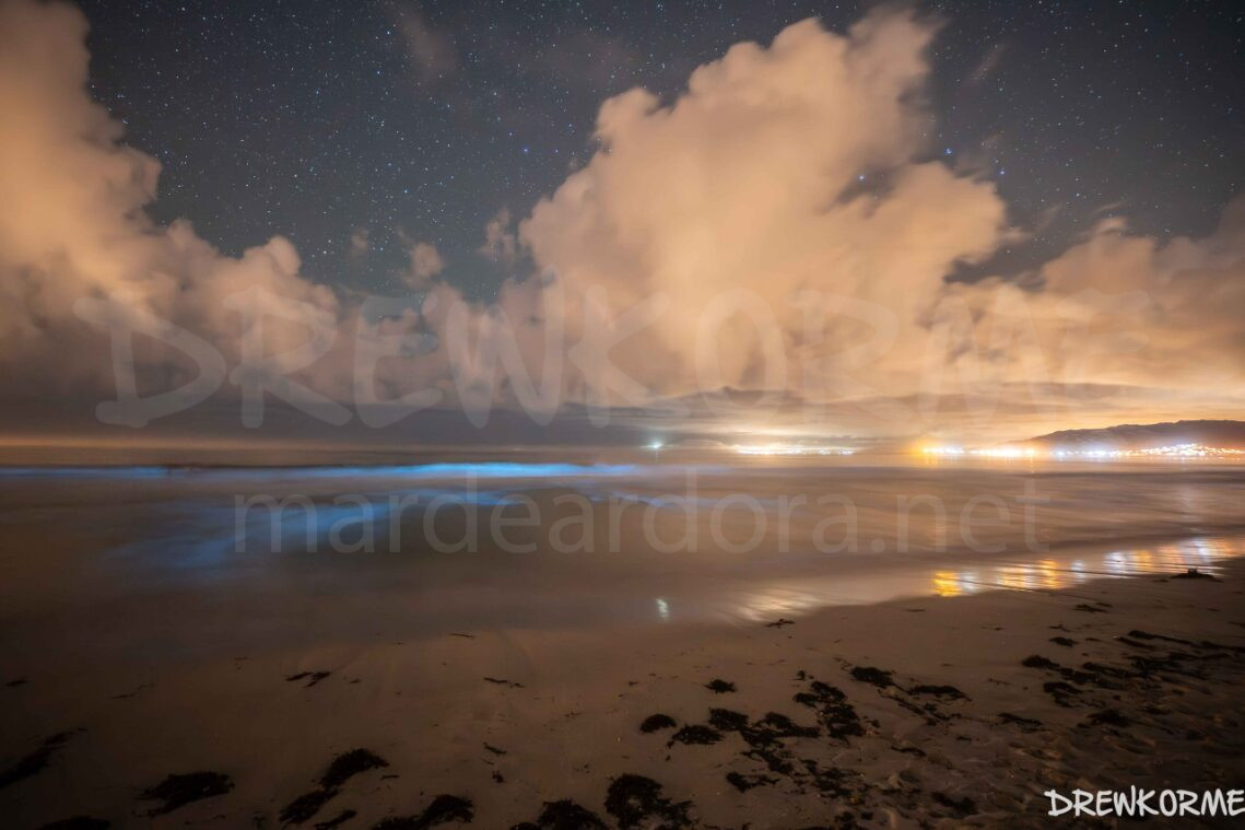 mar-de-ardora-playa-carnota-costa-da-morte-galicia-drewkorme-3 Mar de ardora en la playa de Carnota en una noche nublada con cielo estrellado y reflejos de luz en la arena húmeda, Costa da Morte (Galicia)