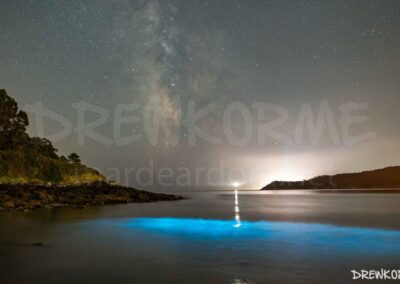 Mar de ardora con la Vía Láctea y el faro de Fisterra al fondo desde la playa de Estorde (Cee, Galicia)
